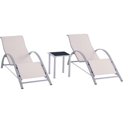 Lot de 2 transats inclinables + table basse avec plateau en verre trempé, 59x169x66 cm,crème