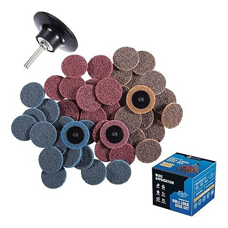 46 disques de ponçage, disques à changement rapide de 50 mm (2 pouces) avec verrouillage à rouleaux, disques de réglage de surface de 57 mm (2 1/4 pouces) avec support, grains fin, moyen et gros. (1/5)
