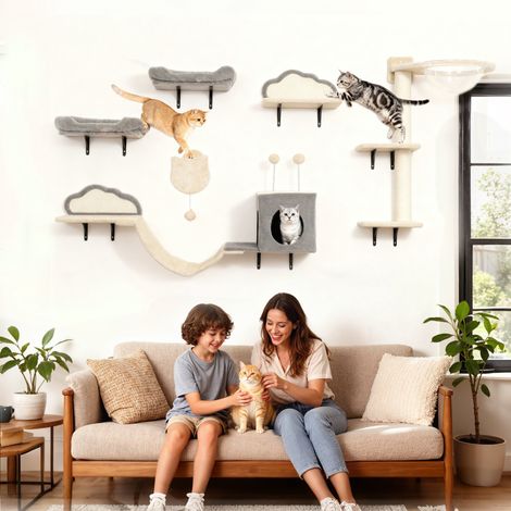 Étagères murales pour chats, ensemble de 6 meubles muraux, hamac bulle en acrylique, niche pour hamac, échelle beige (1/5)