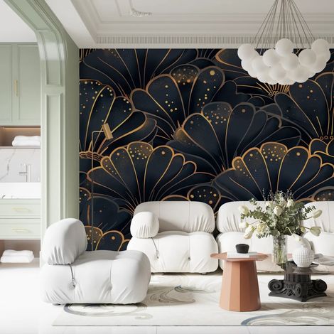 Papier Peint Japonais - Fleurs en éventail doré - 300 x 250 cm (1/2)