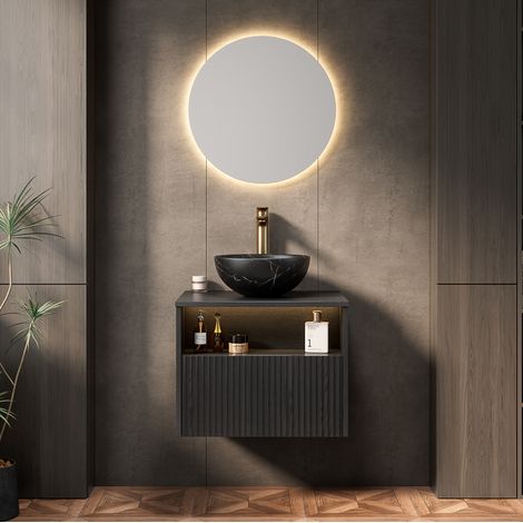 Mueble de baño con lavabo suspendido 60 cm negro con lavabo de cerámica, 1 cajón, hueco abierto y luz LED con sensor (1/5)