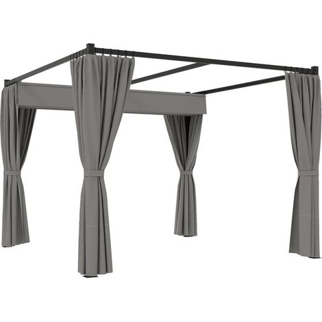 Pergola autoportante 3 x 3 m avec toit coulissant et parois latérales en toile gris clair résistante aux UV