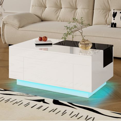 Table basse 80x50x35.5 cm noir et blanc en MDF avec LED RGB, plateau extensible et rangement (1/5)