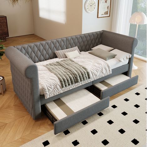 MEUBLIV Lit banquette vintage 90 200 cm en lin gris avec tête de lit rembourrée et 2 tiroirs de rangement cadre de lit avec dossier et accoudoirs pour salon chambre d amis (1/5)