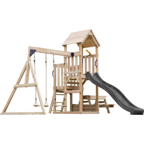 Axi Mette Aire De Jeux En Bois Avec 2 Balançoires, Toboggan Gris, Table De Pique Nique / Aire De Jeux Extérieur Avec Balançoires/ Bac À Sable/Téléscope Portique Balançoire/Jeux En Bois Extérieur
