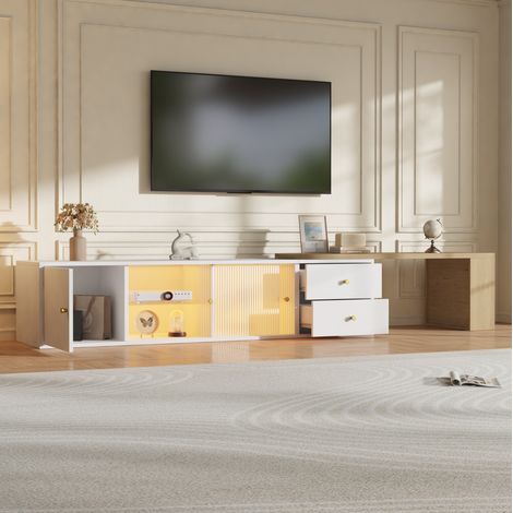 Mobile TV allungabile con LED, 2 cassetti e ante scorrevoli in vetro, bianco e legno (1/5)