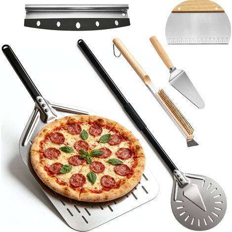 Lot de 6 accessoires pour four à pizza avec pelle à pizza perforée de 30,5 cm et spatule ronde de 22,9 cm, pelle à pizza, brosse pour four à pizza, roulette à pizza et grattoir à pâte (1/5)