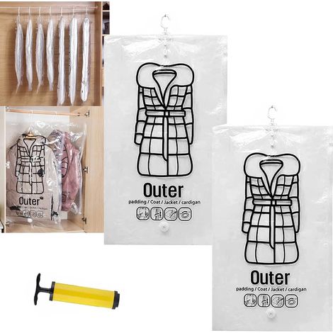 Set of 2 reusable hanging vacuum storage bags for clothes, coats, jackets, compressible hanging storage bags with hand pumps (size M, 2 pieces) (1/5)