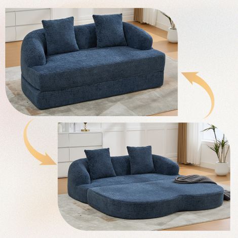 Canapé convertible 2 en 1 pour deux personnes, avec deux coussins, canapé-lit double dépliable, canapé polyvalent pour chambres d'amis et salons (chenille bleu marine) (1/5)