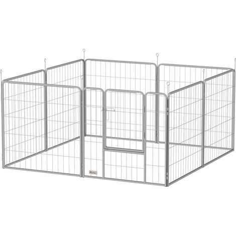 PawHut Recinto per Cani 8 Pannelli Pieghevole Altezza 80cm con Porta Argento