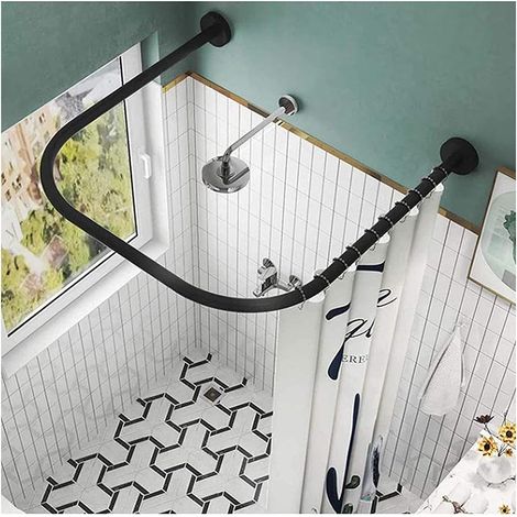 Tringle Angle pour Rideau De Douche Extensible Réglable en Forme De U - Barre Arrondie en Acier Inoxydable Courbée Ajustable sans Perçage, Noir, 80×80×80cm (1/5)