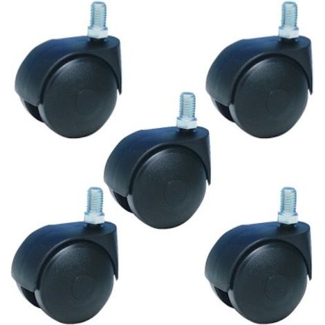 Lot de 5 Roulettes pivotantes JUMELÉE pour FAUTEUIL plastique NOIR diamètre 50 mm à tige filetée M8x15