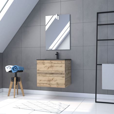 Mueble de baño Suspendido 60cm - Puertas Acabado Roble - Lavabo negro + Espejo Led - TIMBER 60