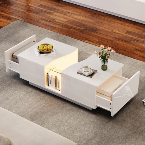 Mesa de centro LED blanca 100x50x35 cm, 2 cajones, MDF y acrílico MEUBLIV (1/5)