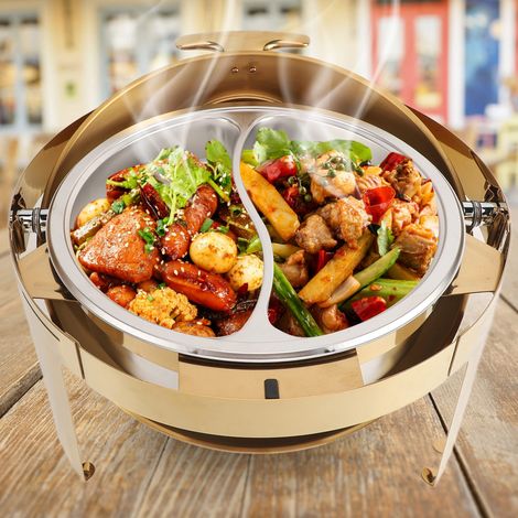 Juego de calentador de alimentos para buffet, 6 l, acero inoxidable, color dorado, con elemento calefactor de alcohol, calentador de alimentos para eventos, catering, con tapa visible y 2 compartiment (1/5)
