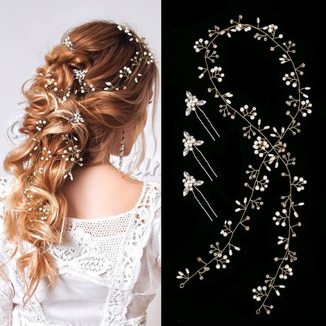Vigne de cheveux de mariage extra longue en or rose et argent, ornée de perles et de cristaux (1 m)