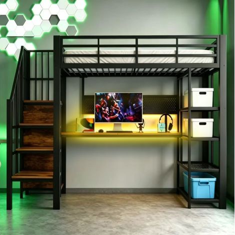 DESVIAE Lit mezzanine 90 x 200 cm avec escalier de rangement bureau étagères panneau perforé prises euro LED noir (1/5)
