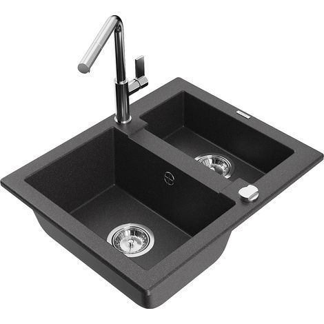 Mexen Carlos 1,5-Becken-Granitspüle mit Mischbatterie Flora, Schwarz gesprenkelt - 6518-76-670401-00