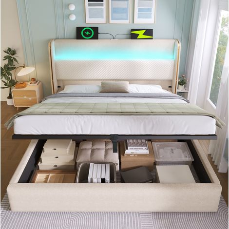CHICFURN Cama 180x200 cm de lino beige con LED, USB Tipo C y almacenaje, sin colchón (1/5)