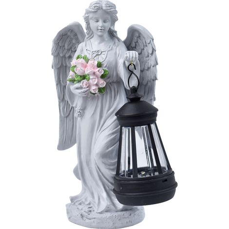Statue du Jardin des Anges,Sculpture d'ange Féérique,Figurine Ange Gardien avec Lanterne LED Solaire,Auto-on,Ange Tombe pour Terrasse,Pendaison de crémaillère,Funèbre (1/5)