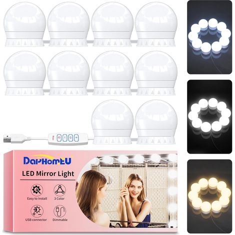 Mirror Light, 10 Bulbs LED Light Kit, Hidden Cables, 3 Colors and 10 Intensities, USB Mirror Light for Makeup Dressing Table (1/5)