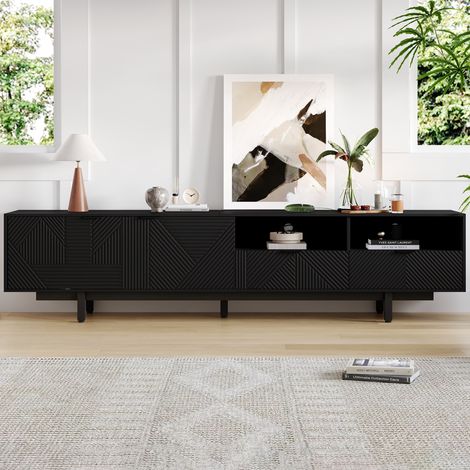 Meuble TV bohème moderne, meuble TV blanc aux lignes géométriques abstraites, décoration minimaliste moderne des portes avec espace de rangement, 2004051 cm, peut accueillir un téléviseur jusqu'à 90 p (1/5)