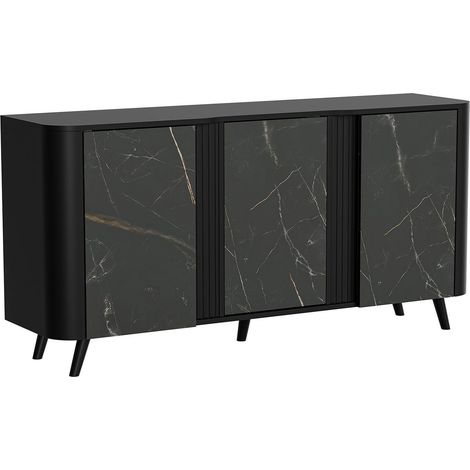 Buffet Loreo, buffet de salon avec trois portes battantes et compartiments intérieurs, surélevé du sol, 151x42 h70 cm, marbre et noir (1/4)