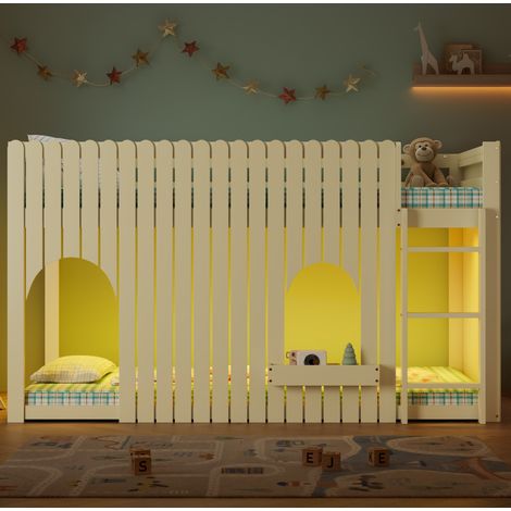 Cama altillo 90x200 cm - Con barandillas y LED - Con escalera 3 peldaños y estantes - En pino y MDF - Natural (1/5)