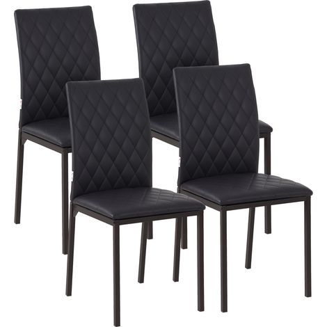 Set 4 Sedie da Pranzo in Finta Pelle con Cuciture a Rombi e Gambe in Metallo, Nero