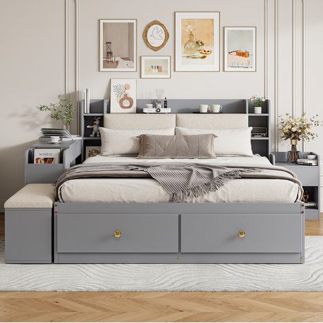 DESVIAE Lit double combiné avec rangement 140 x 200 cm tête de lit rembourrée avec niches 2 tiroirs banc canapé table de chevet sideboard en bois gris (1/5)