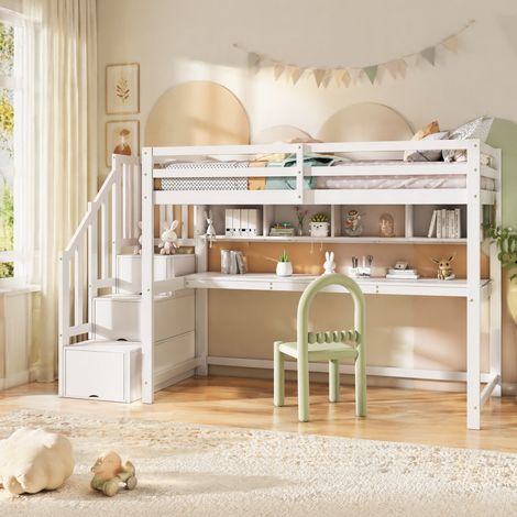 Lit mezzanine enfant 90x200 cm bois MDF blanc, rangement, gain de place, sans matelas – MEUBLIV (1/5)