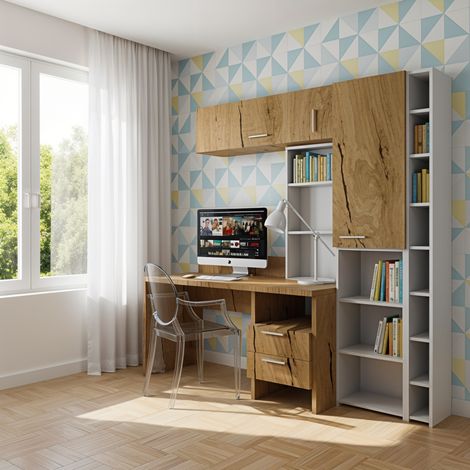 Angolo studio multifunzionale con libreria a profondità variabile e cassettiera integrata - Quercia e Bianco