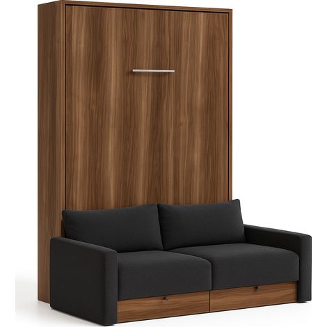 Lit escamotable vertical à tiroirs et canapé tissu VALENCIA Gris foncé Sans matelas-80x180-Canapé Gris foncé-Structure Noyer (1/5)
