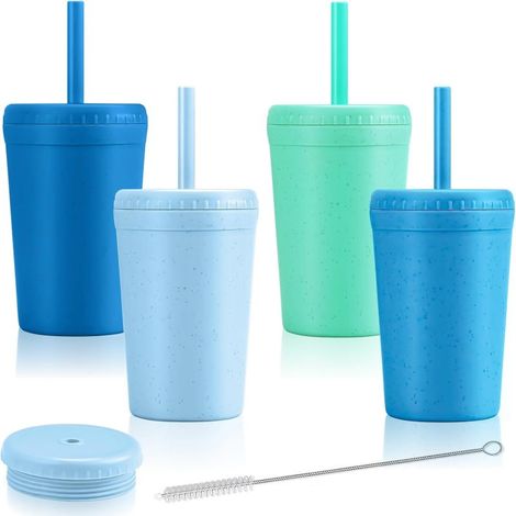 Vaso infantil de paja de trigo, 300 ml, irrompible, sin BPA, apto para microondas (con tapa y pajita, varios colores). (1/5)