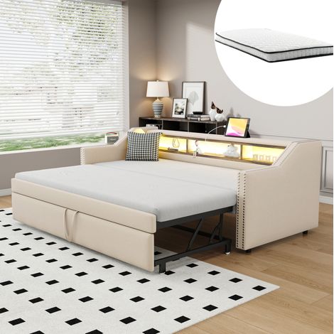 Sofá cama tapizado extensible 90/180 x 190 cm con LED, USB y almacenaje, beige, OKWISH (1/5)