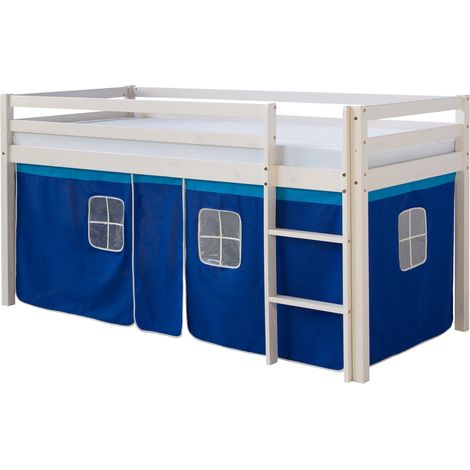 Letto soppalco 90x200 cm con scaletta in legno laccato bianco e telo blu incluso LIT06011