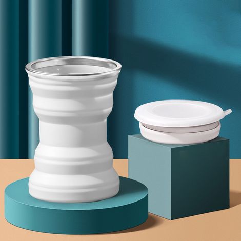 Zusammenfaltbarer Silikonbecher 320 ml, raffiniertes Design mit Deckel, ideal für Reisen und den Einsatz im Freien, kompakt und tragbar, jadeweiße Farbe. (1/5)