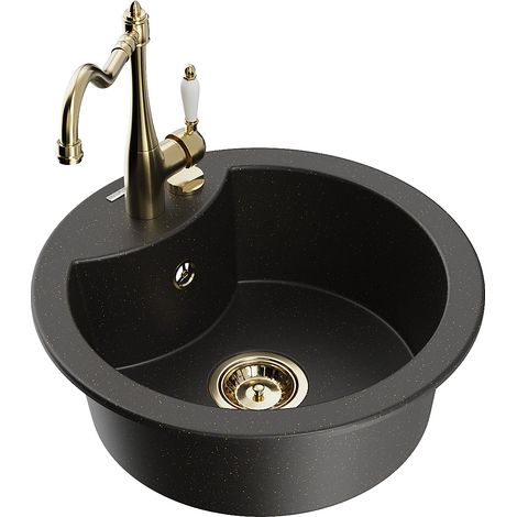 Mexen Diego granitspüle 1-becken mit küchenarmatur Carla, schwarz/gold metallic - 6512-75-670700-50 (1/5)