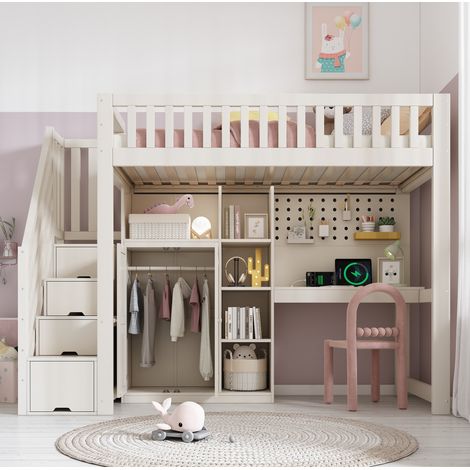 Lit adulte rangement 90x200 bois blanc bureau intégré HAVRYA (1/5)