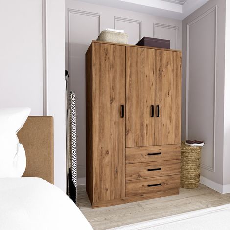 Guardaroba 3 Ante Valdengo, Armadio Camera da Letto 3 Ripiani, 3 Cassetti, Appendiabiti, 90x47 cm Marrone Rovere (1/5)