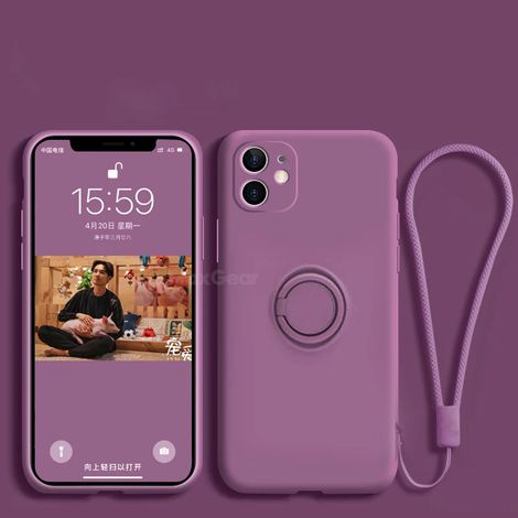 Coque de téléphone en silicone liquide souple (violet foncé) pour iPhone 13 Mini, avec support, anneau et dragonne. (1/5)