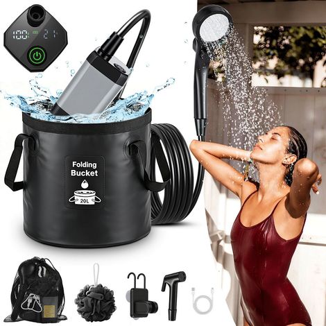 Wolketon Doccia da campeggio, doccia portatile 6000 mAh con secchio pieghevole da 20L e doccetta, doccia esterna per giardino, campeggio, animali e spiaggia