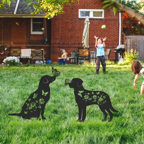 Piquets de jardin en métal en forme de chien - Décoration de jardin avec animaux (lot de 2) - Silhouettes de chiens noirs et papillons (1/5)
