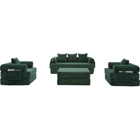 Modulares Sofa aus grünem Cord mit Ottomane, Metallgestell, Seitentasche und Kissen (1/5)