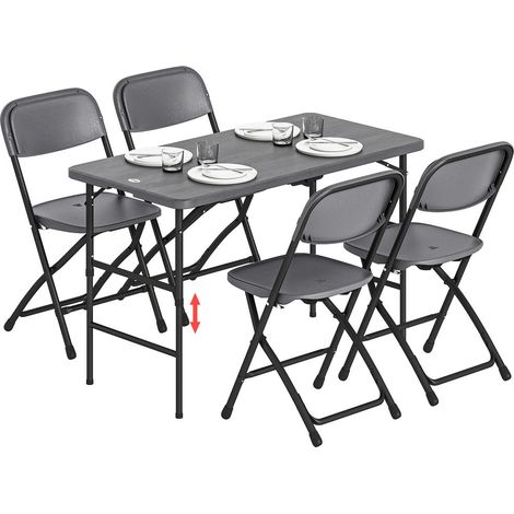 Pour repas en extérieur, ensemble de jardin pliable avec table réglable et 4 chaises, effet bois gris foncé (1/5)