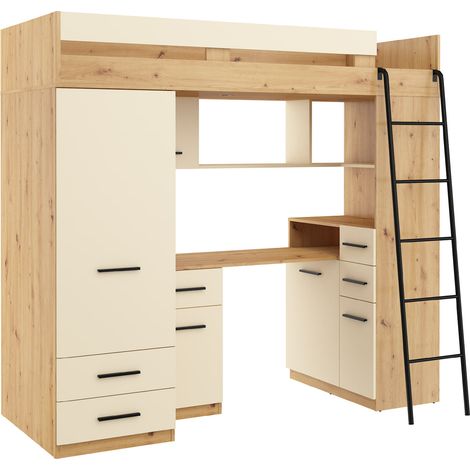 Letto soppalco con scrivania BIM Furniture SMYK P cm110x204x188h Rovere chiaro Crema