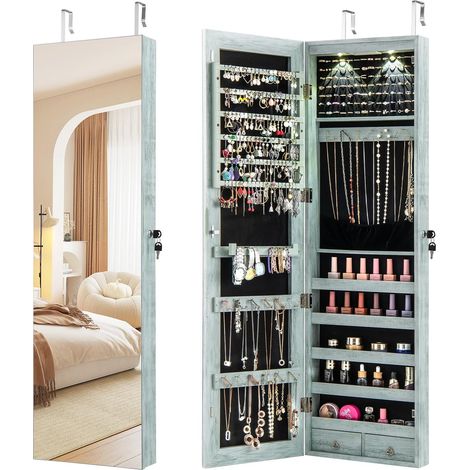 GOPLUS Armoire à Bijoux avec Miroir, Armoire a Bijoux Murale avec Éclairage LED, 2 Tiroirs, Fixer au Mur ou à Suspendre sur Porte, pour Ranger Boucles d'Oreilles et Colliers (Bleu Rétro) (1/5)