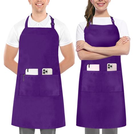 Tablier à bavette ajustable en deux parties avec 2 poches - Tablier professionnel pour restaurant et cuisine domestique 81 x 71 cm - Sangle de cou ajustable, violet (1/5)