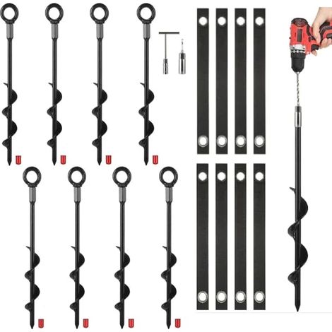 Trampoline Anchors Stakes Kit 8 Pack 40cm Screw Down Ground Anchors with Adjustable Tie Down Straps for RV Awning Swing Game Canopy Tent and Dog Tie Outlets (1/5)
