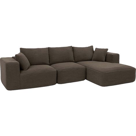 Set divani sofà HHG-934, divano a 3 posti lounge, stoffa/tessuto a coste (370 g/m²) penisola a sinistra, marrone (1/5)